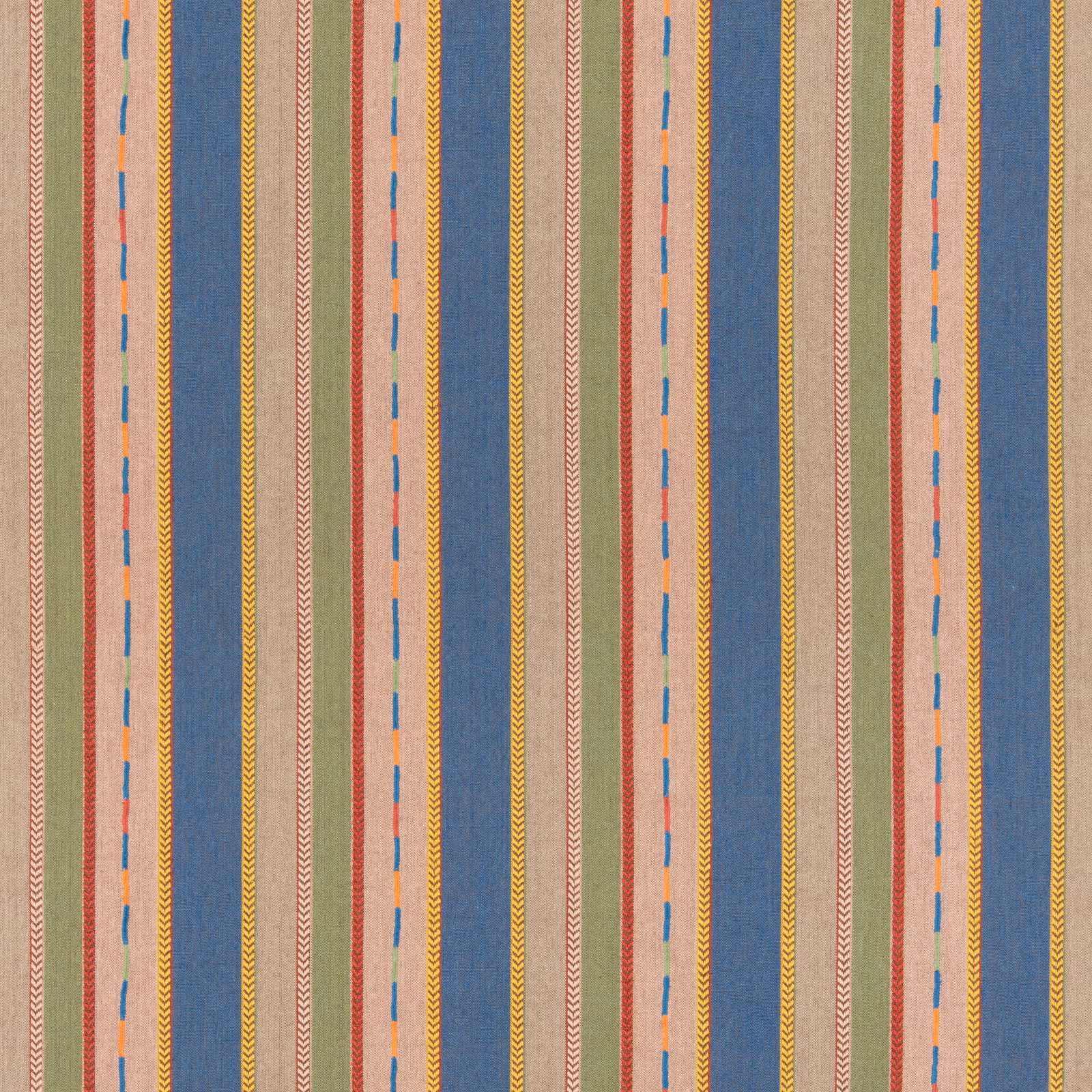 Blue-green striped fabric with peach bands, mustard chevrons and coral dashes