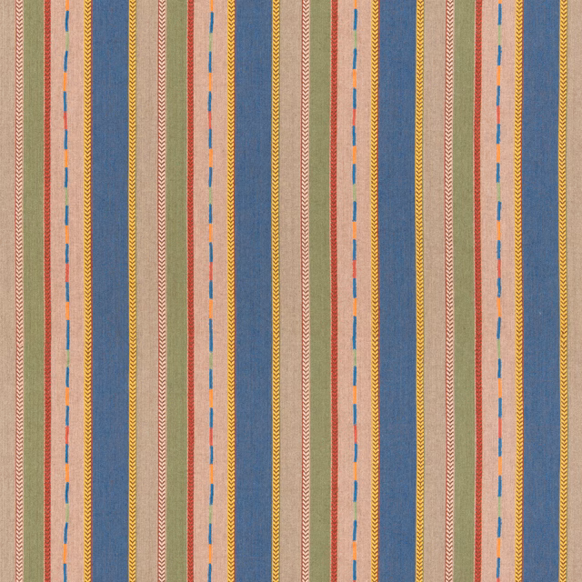 Blue-green striped fabric with peach bands, mustard chevrons and coral dashes