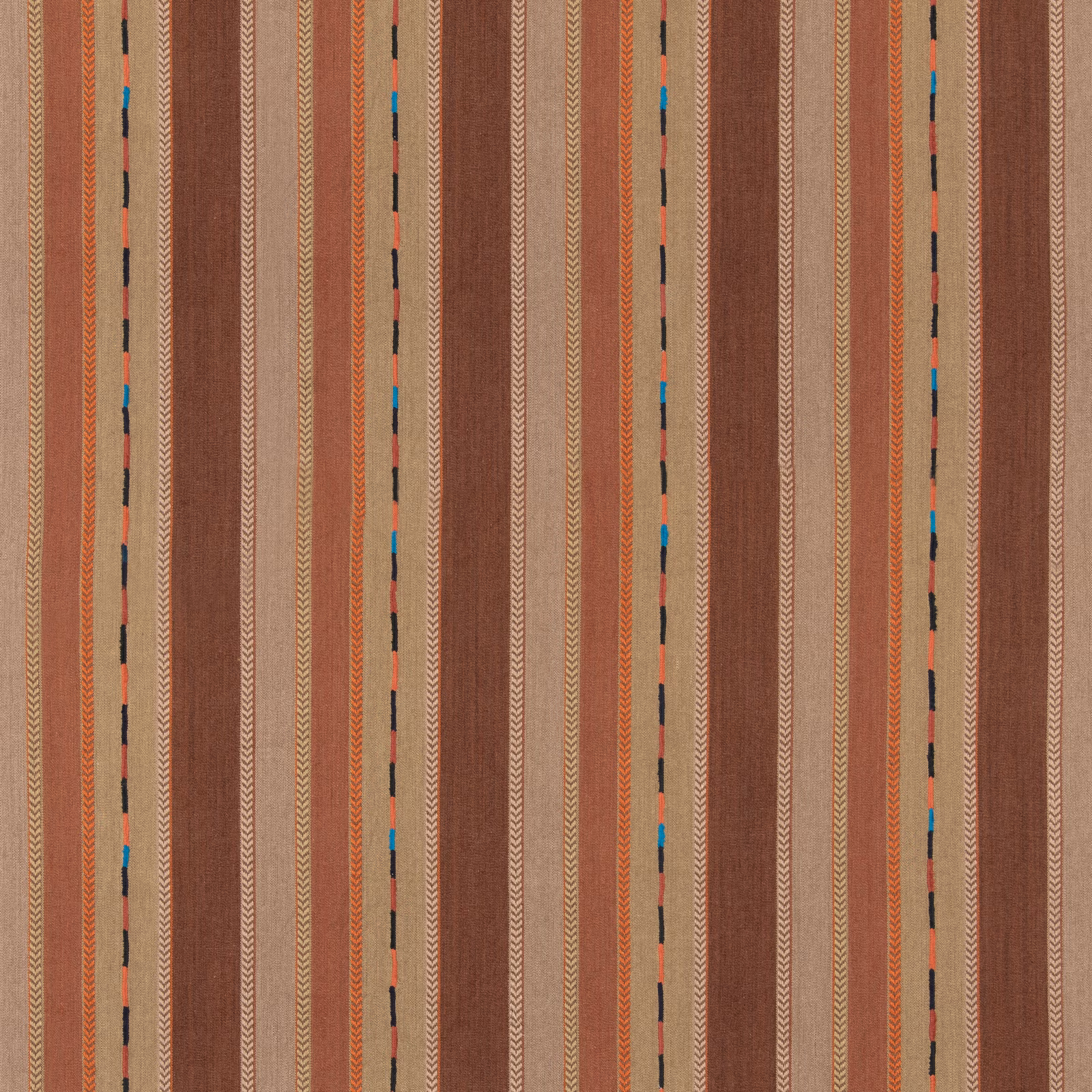Warm brown woven stripes with cream chevrons and turquoise-orange dash accents