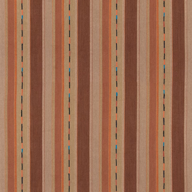 Warm brown woven stripes with cream chevrons and turquoise-orange dash accents