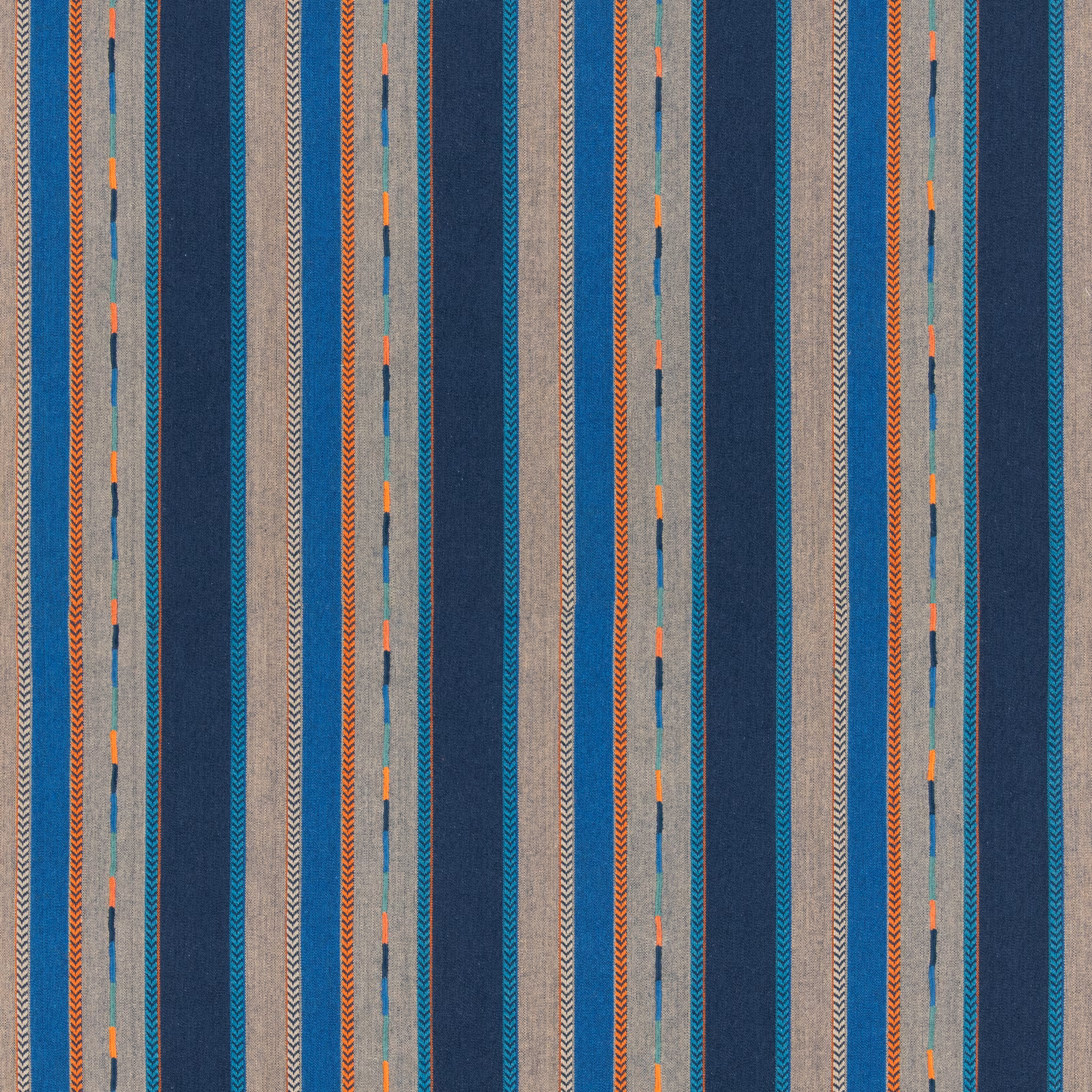 Indigo and blue-grey striped fabric with chevrons and tiny orange woven accents