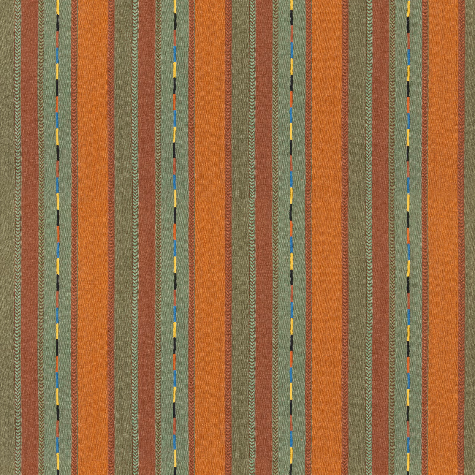 Rust orange and olive green woven stripes with yellow and blue dashed accents
