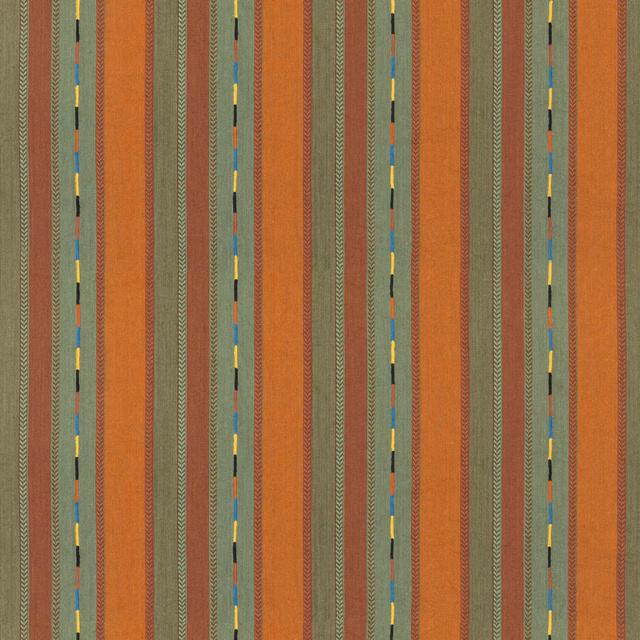 Rust orange and olive green woven stripes with yellow and blue dashed accents