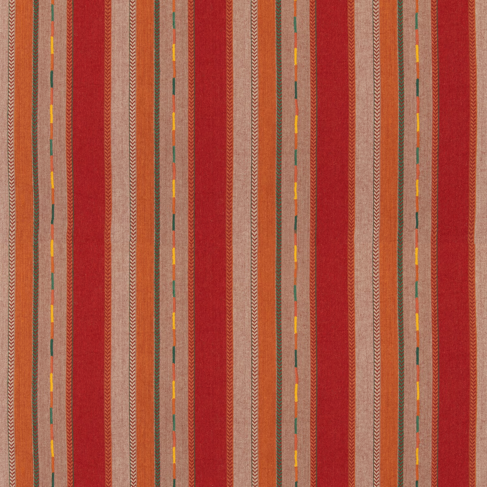 Warm red striped weave with russet, cream, green and yellow accent lines