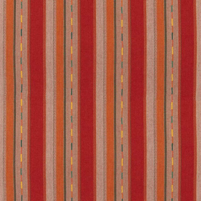 Warm red striped weave with russet, cream, green and yellow accent lines