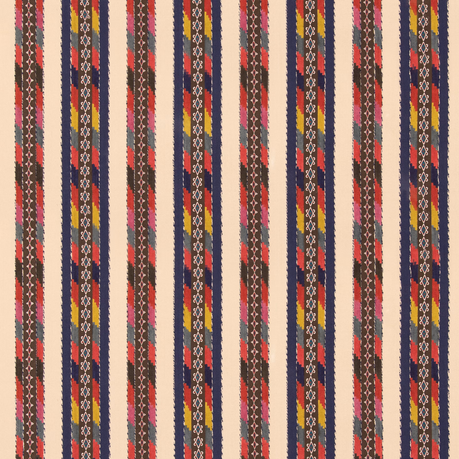 Ivory striped textile with navy, coral, mustard and geometric diamond details