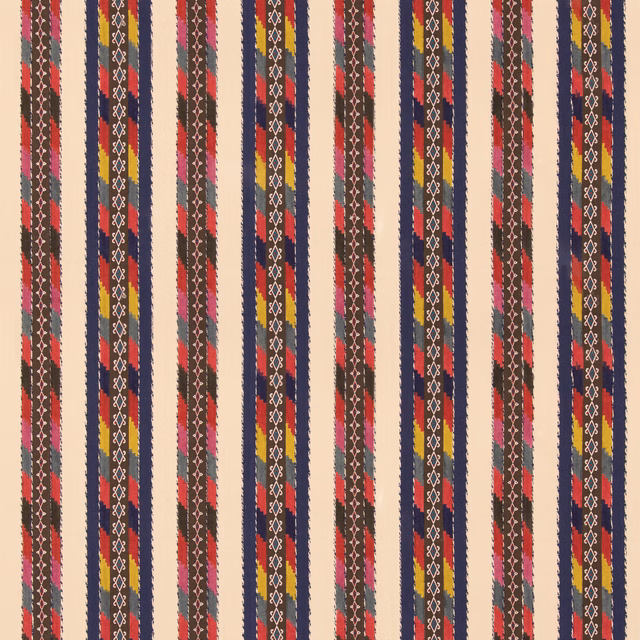 Ivory striped textile with navy, coral, mustard and geometric diamond details