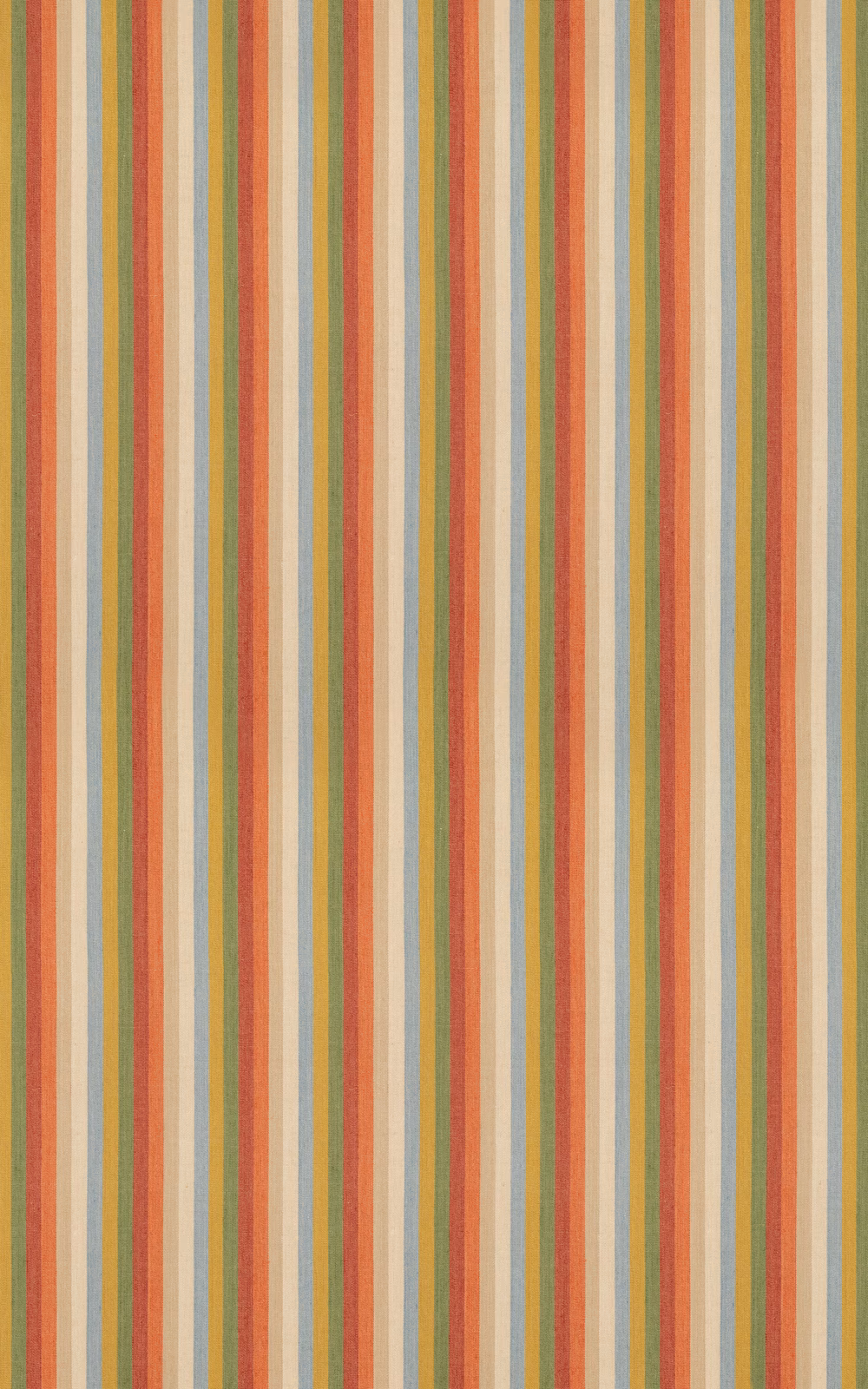 Muted clementine, green and beige vertical stripes in a tactile woven fabric