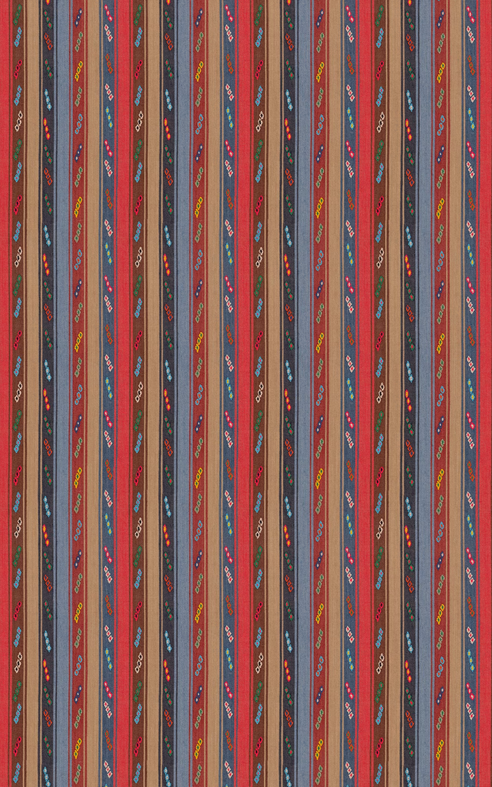 Crimson and navy vertical stripes with fine multicolour floral motifs in a woven texture
