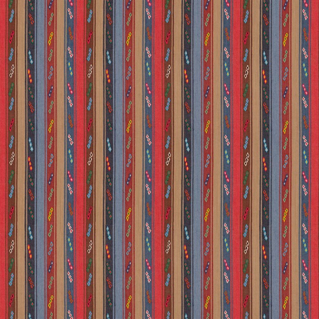 Crimson and navy vertical stripes with fine multicolour floral motifs in a woven texture