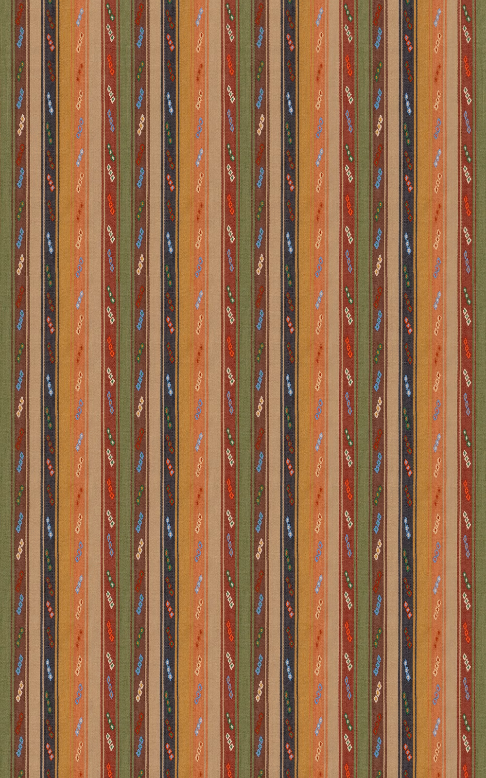 Earthy rust and indigo vertical stripe fabric with small scrolling woven motifs