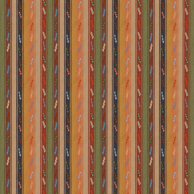 Earthy rust and indigo vertical stripe fabric with small scrolling woven motifs