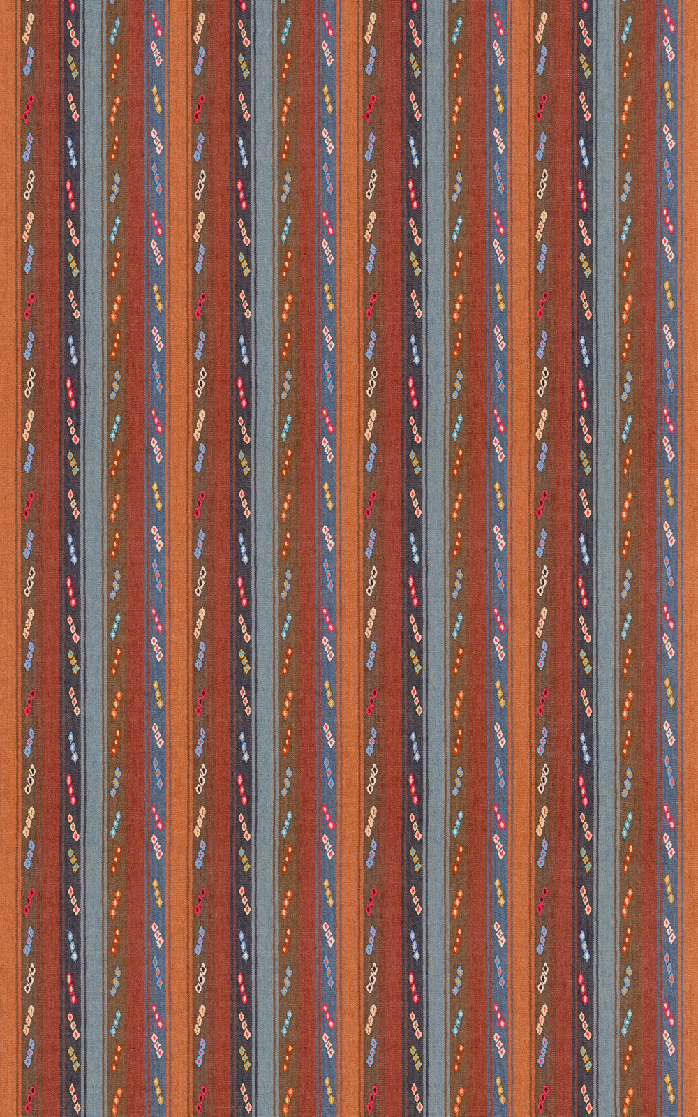 Indigo and chocolate vertical stripes with tiny multicoloured woven motifs