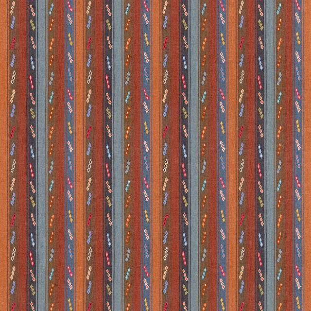 Indigo and chocolate vertical stripes with tiny multicoloured woven motifs