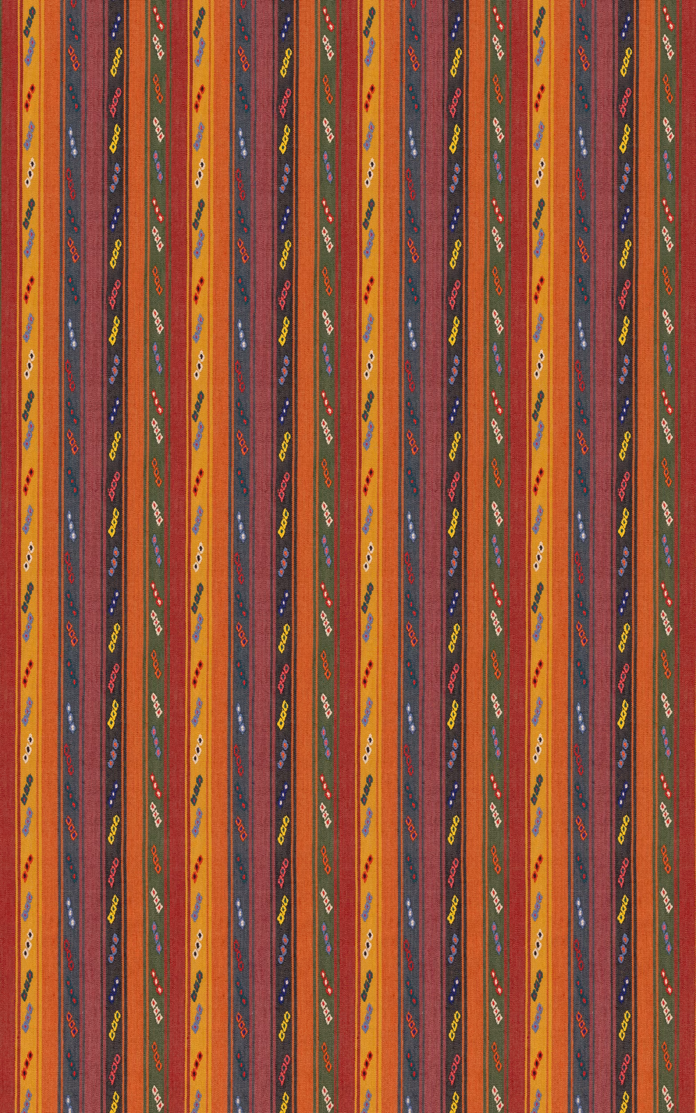 Jewel-toned vertical stripes in rust, ochre, teal and plum with tiny woven motifs
