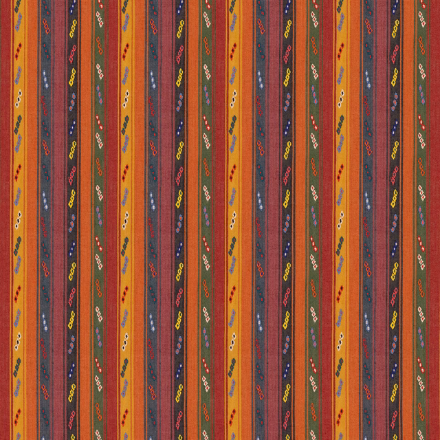 Jewel-toned vertical stripes in rust, ochre, teal and plum with tiny woven motifs