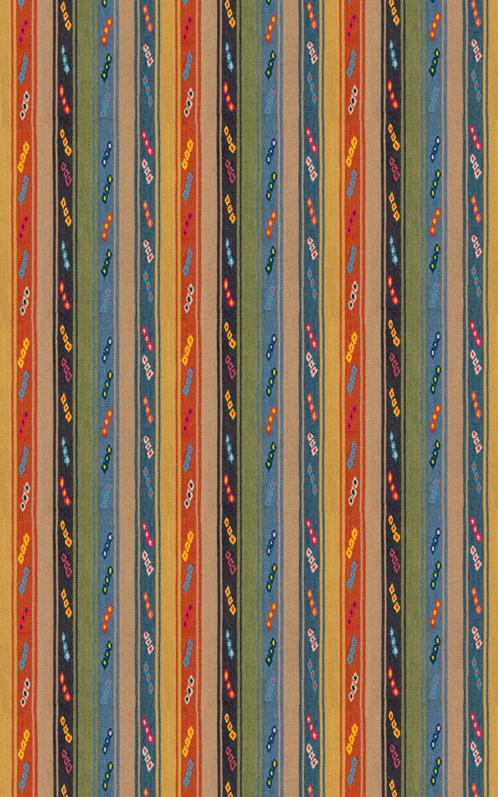 Teal, rust and ochre vertical stripes with colourful dotted motifs in a woven texture