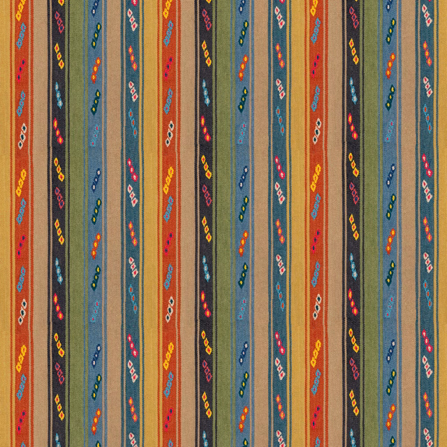 Teal, rust and ochre vertical stripes with colourful dotted motifs in a woven texture