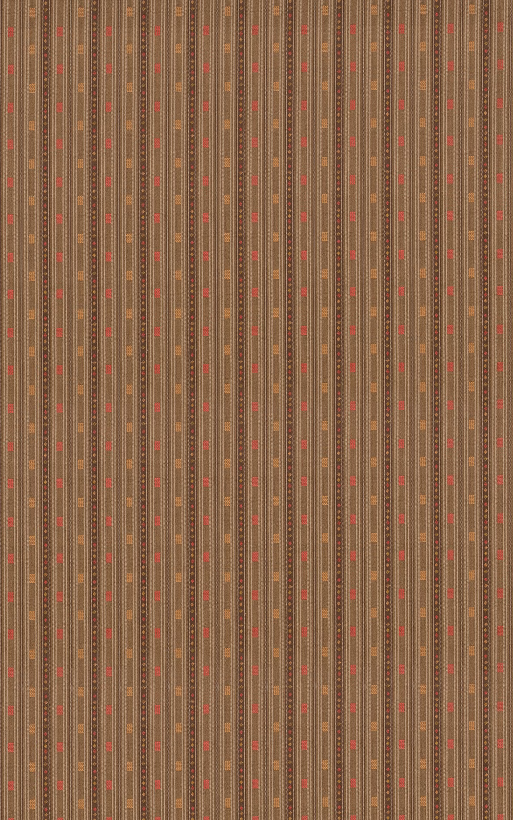 Chocolate-brown woven stripe with fine vertical lines and small red accents