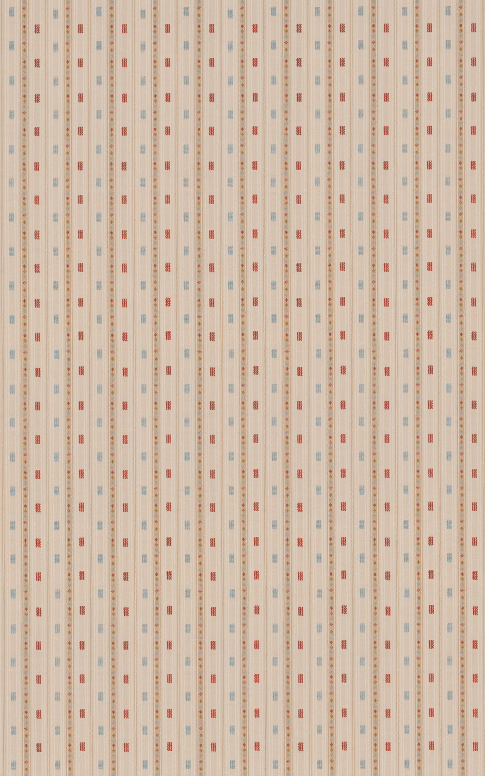 Warm parchment-beige striped weave with muted coral and blue-grey rectangular dashes