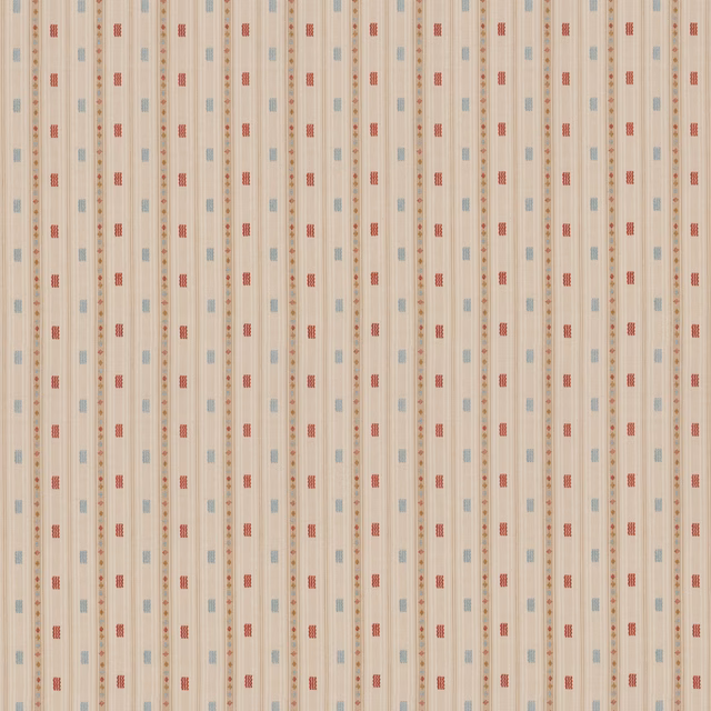 Warm parchment-beige striped weave with muted coral and blue-grey rectangular dashes