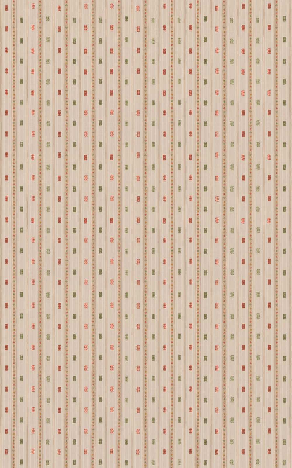 Warm ivory striped fabric with small red and olive green woven dashes