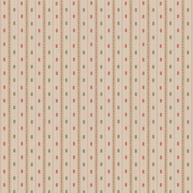 Warm ivory striped fabric with small red and olive green woven dashes