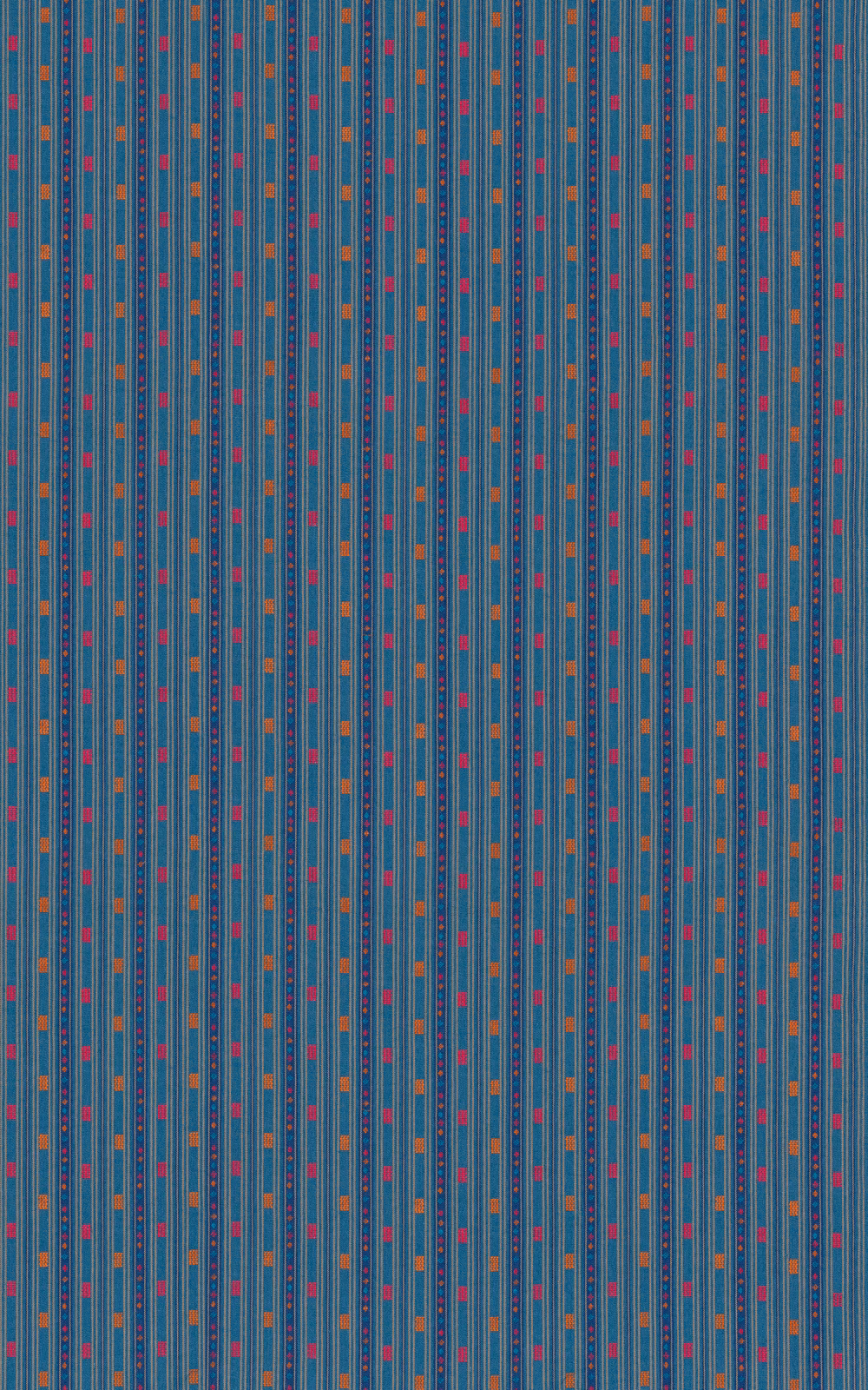 Muted sky-blue striped fabric with fine ribbing and red, orange and yellow flecks