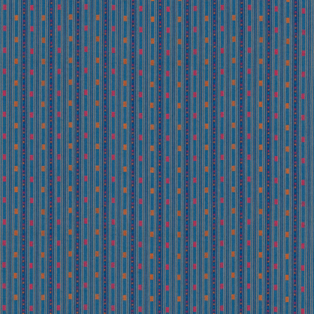 Muted sky-blue striped fabric with fine ribbing and red, orange and yellow flecks