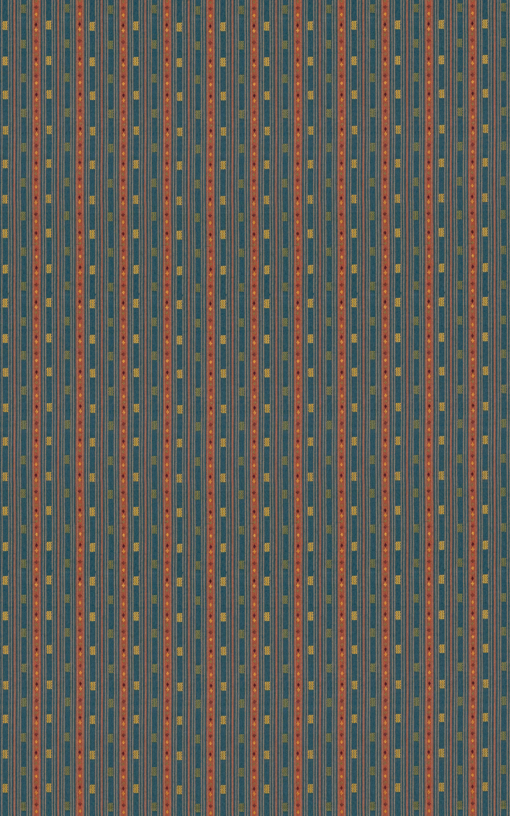 Close view of teal vertical stripes with rust, ochre and mustard woven marks