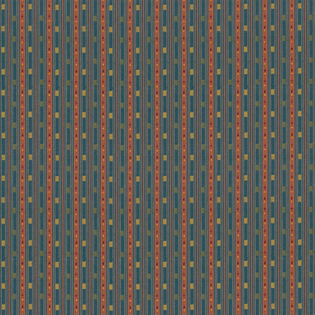 Close view of teal vertical stripes with rust, ochre and mustard woven marks