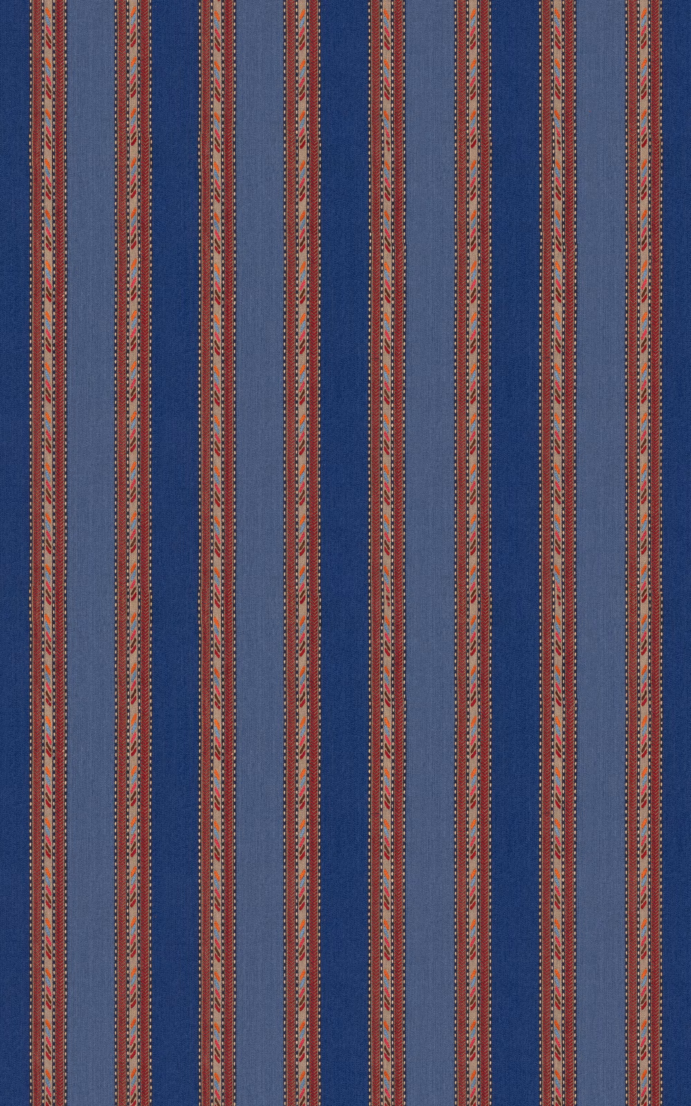 Muted blue woven stripes with rust red, cream and tan geometric detailing