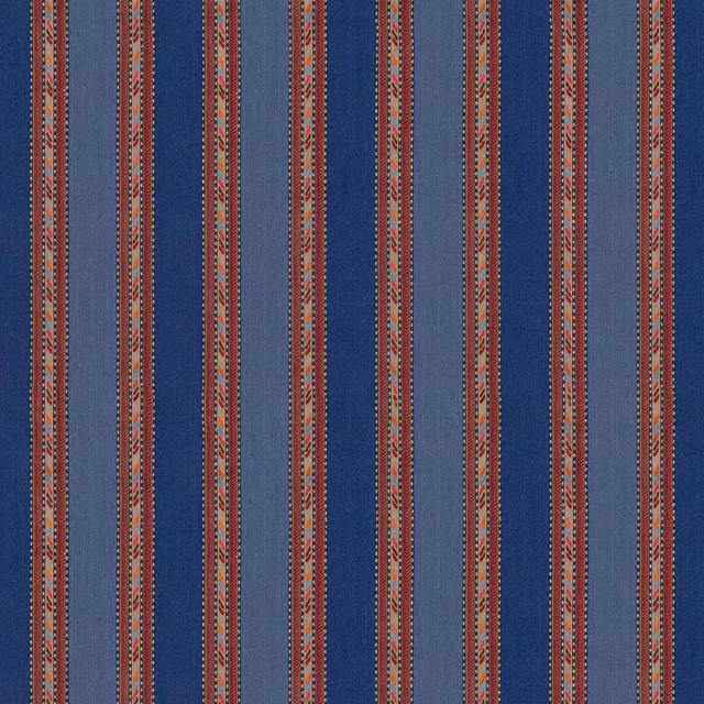 Muted blue woven stripes with rust red, cream and tan geometric detailing