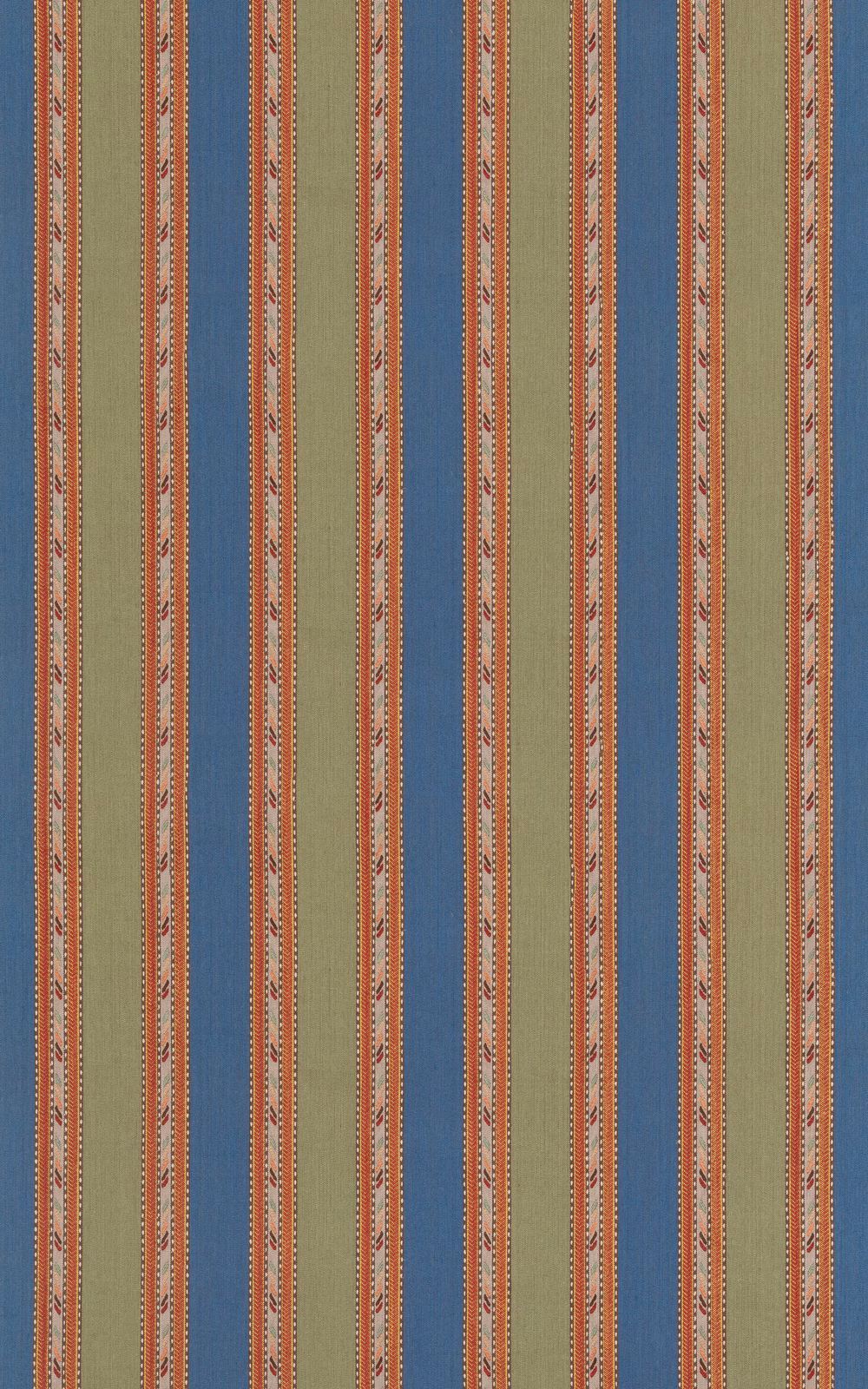 Cool blue and sage vertical stripes with terracotta dotted bands on woven fabric