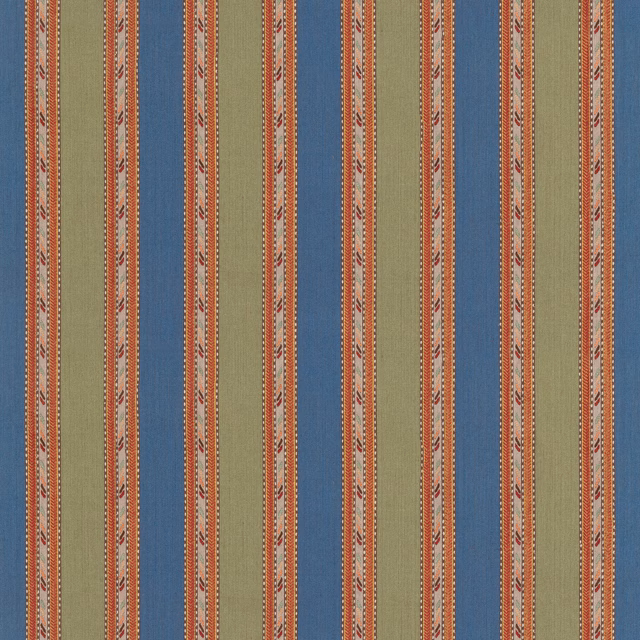 Cool blue and sage vertical stripes with terracotta dotted bands on woven fabric