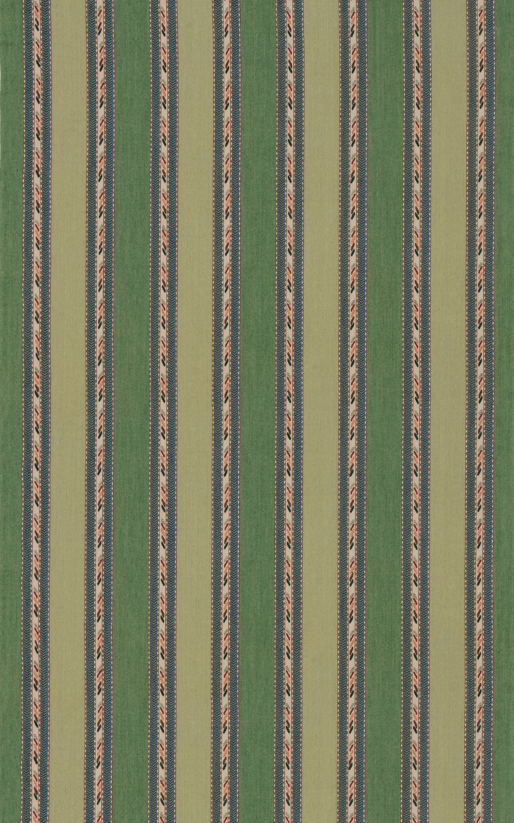 Muted sage green woven stripe with rust, charcoal, cream and tan vertical details