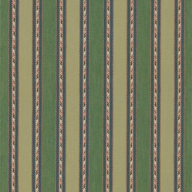 Muted sage green woven stripe with rust, charcoal, cream and tan vertical details