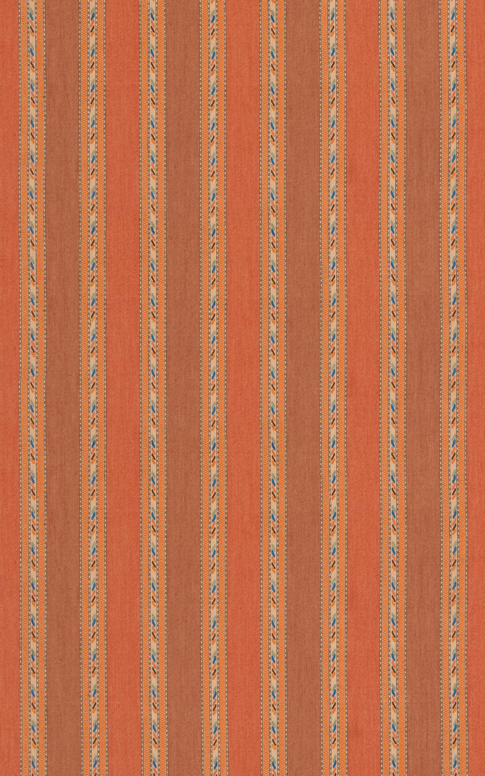 Warm terracotta woven stripe with blue-green patterned vertical bands