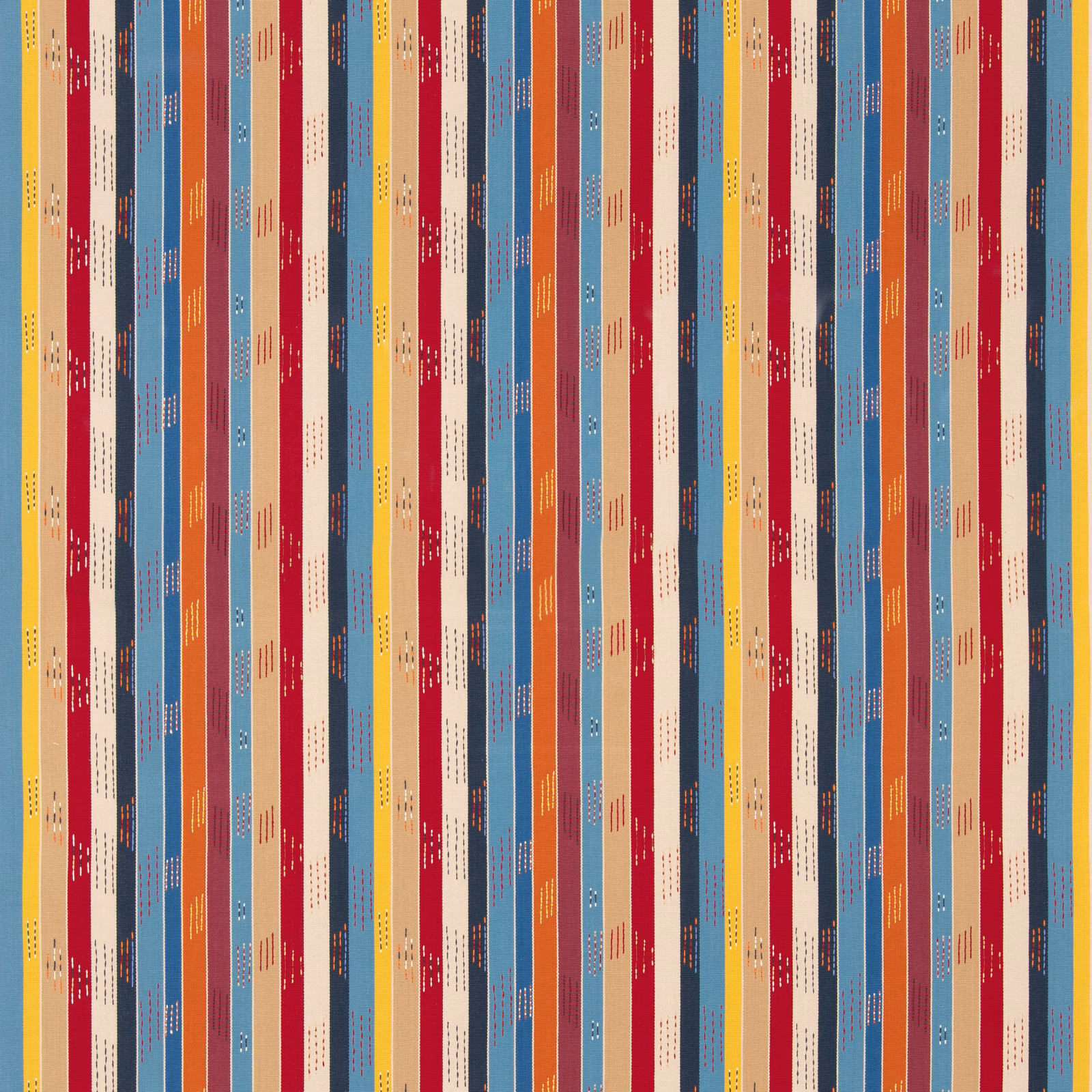 Jewel-toned vertical stripes in teal, wine red, mustard, cream and orange with broken dash motifs
