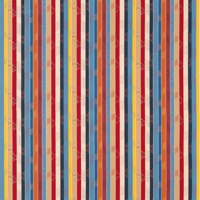 Jewel-toned vertical stripes in teal, wine red, mustard, cream and orange with broken dash motifs
