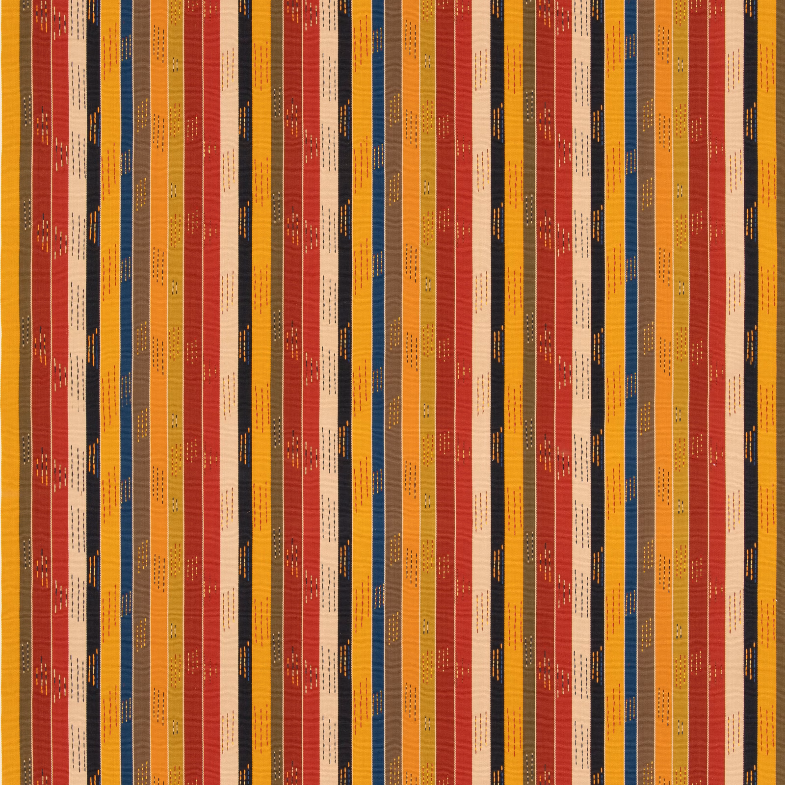 Red ochre, blue and cream vertical stripes with dotted woven marks