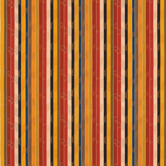 Red ochre, blue and cream vertical stripes with dotted woven marks