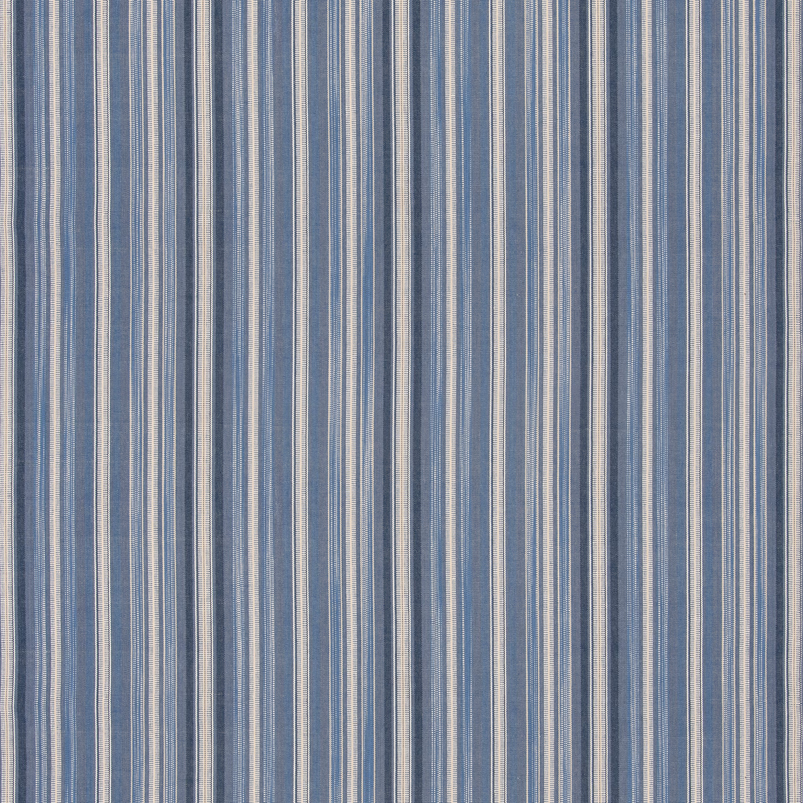 Muted slate-blue fabric with cream and grey vertical woven stripes
