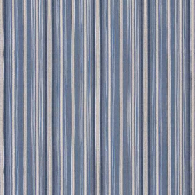 Muted slate-blue fabric with cream and grey vertical woven stripes