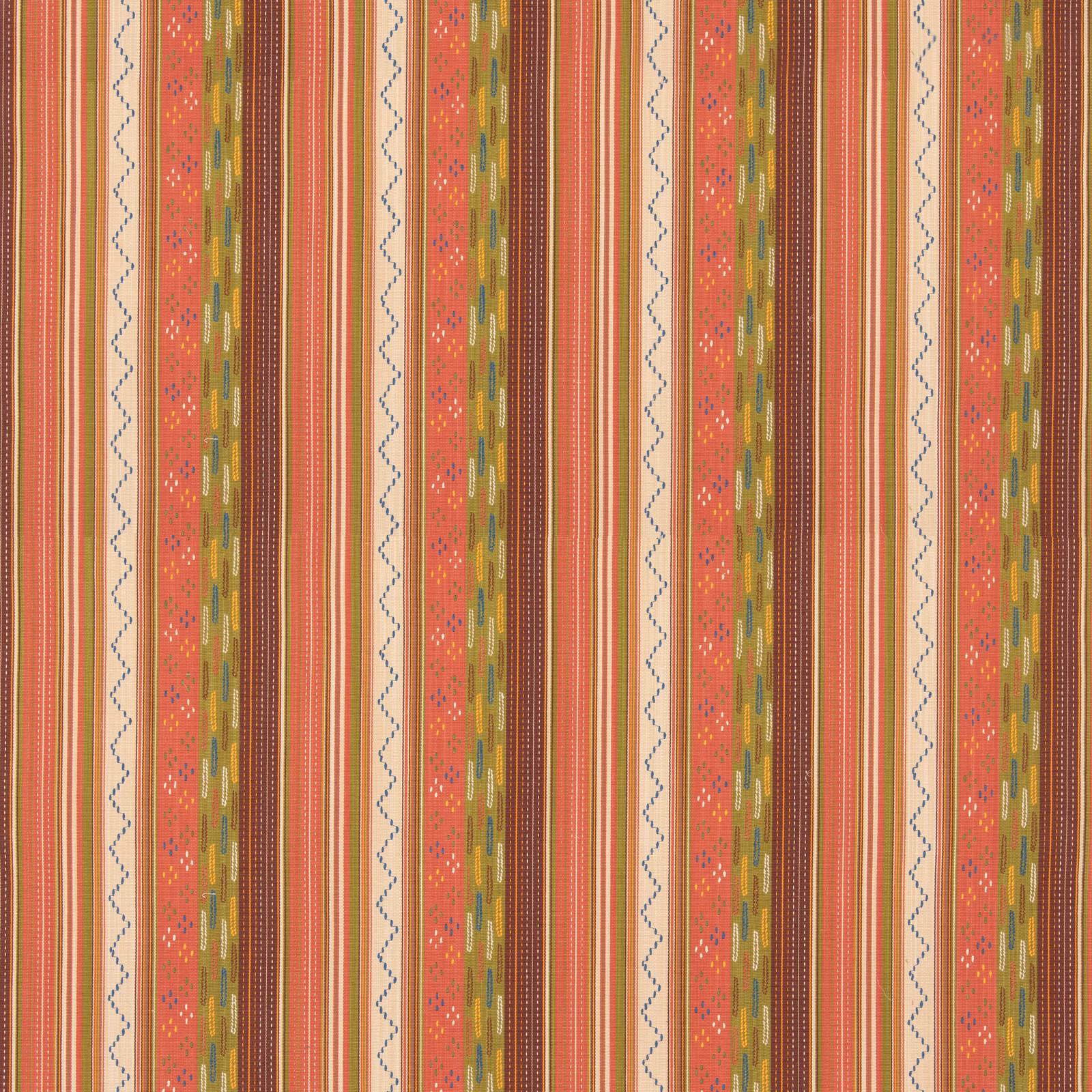 Coral, olive and mustard vertical stripe fabric with zigzag and geometric details