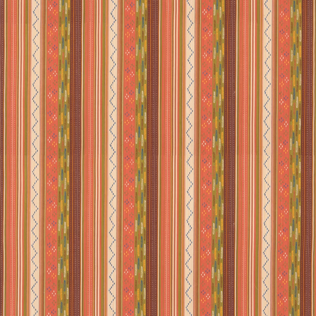 Coral, olive and mustard vertical stripe fabric with zigzag and geometric details