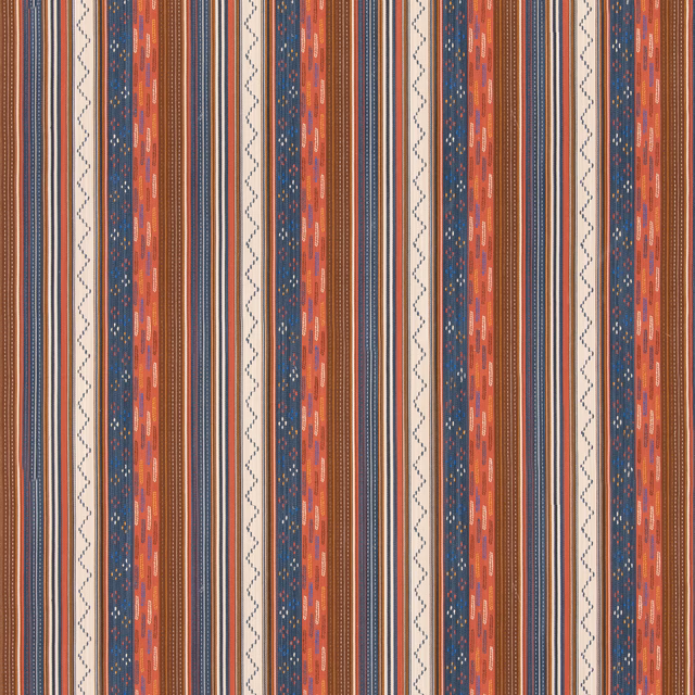 Coral and indigo vertical stripe fabric with cream zigzags and woven flecks