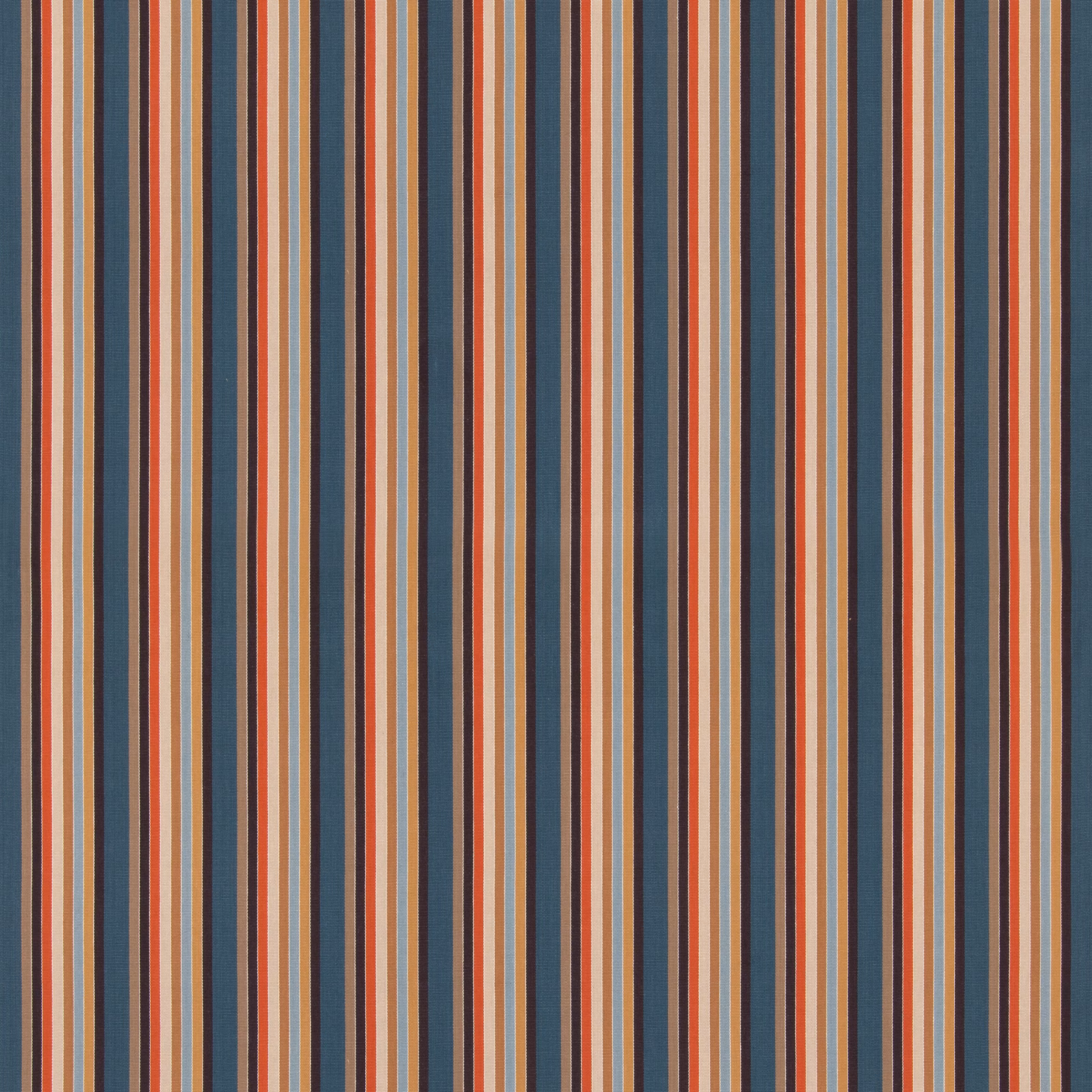 Indigo cotton fabric with narrow cocoa, cream and terracotta vertical stripes