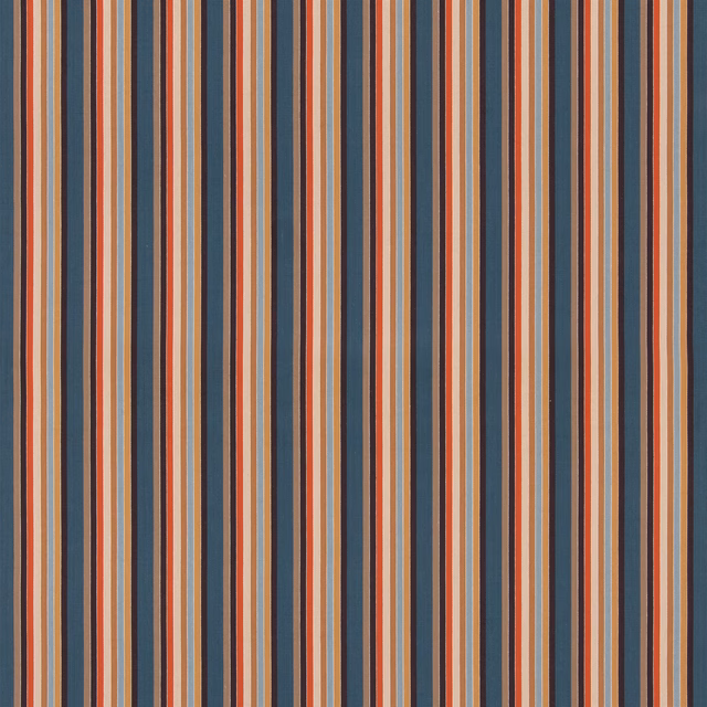 Indigo cotton fabric with narrow cocoa, cream and terracotta vertical stripes