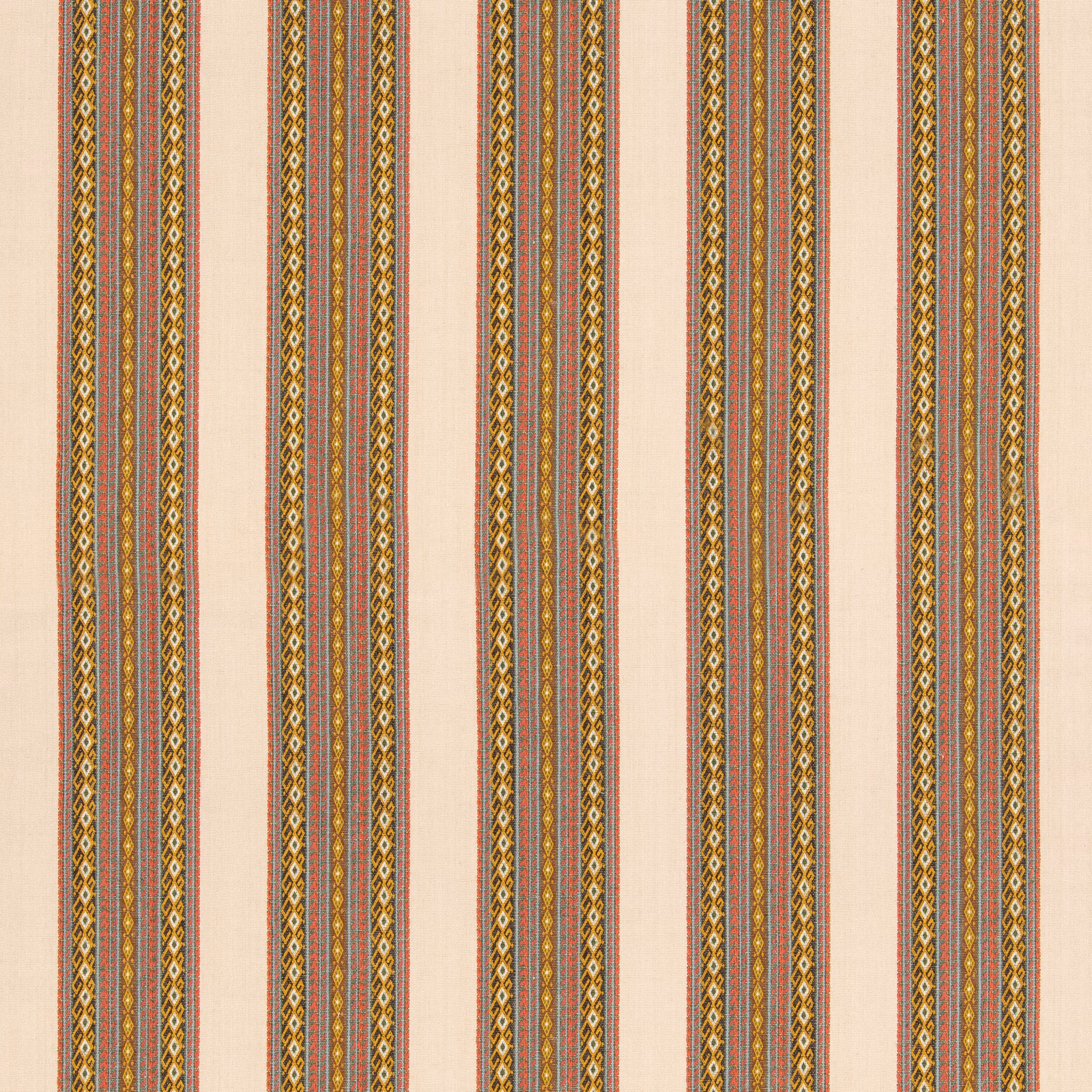 Aqua and ochre geometric vertical stripes on a warm cream woven fabric